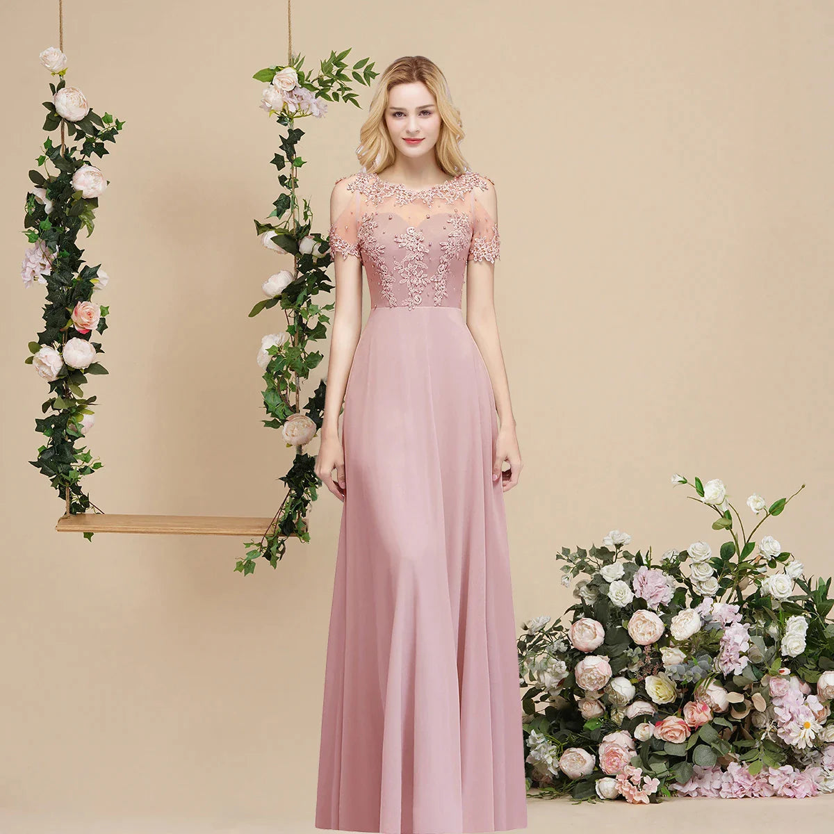 Bridesmaid Dress Pearl Beads Illusion Short Sleeve Boho Formal Party Guest Gowns Chiffon A Line Dresses Women Dusty Pink