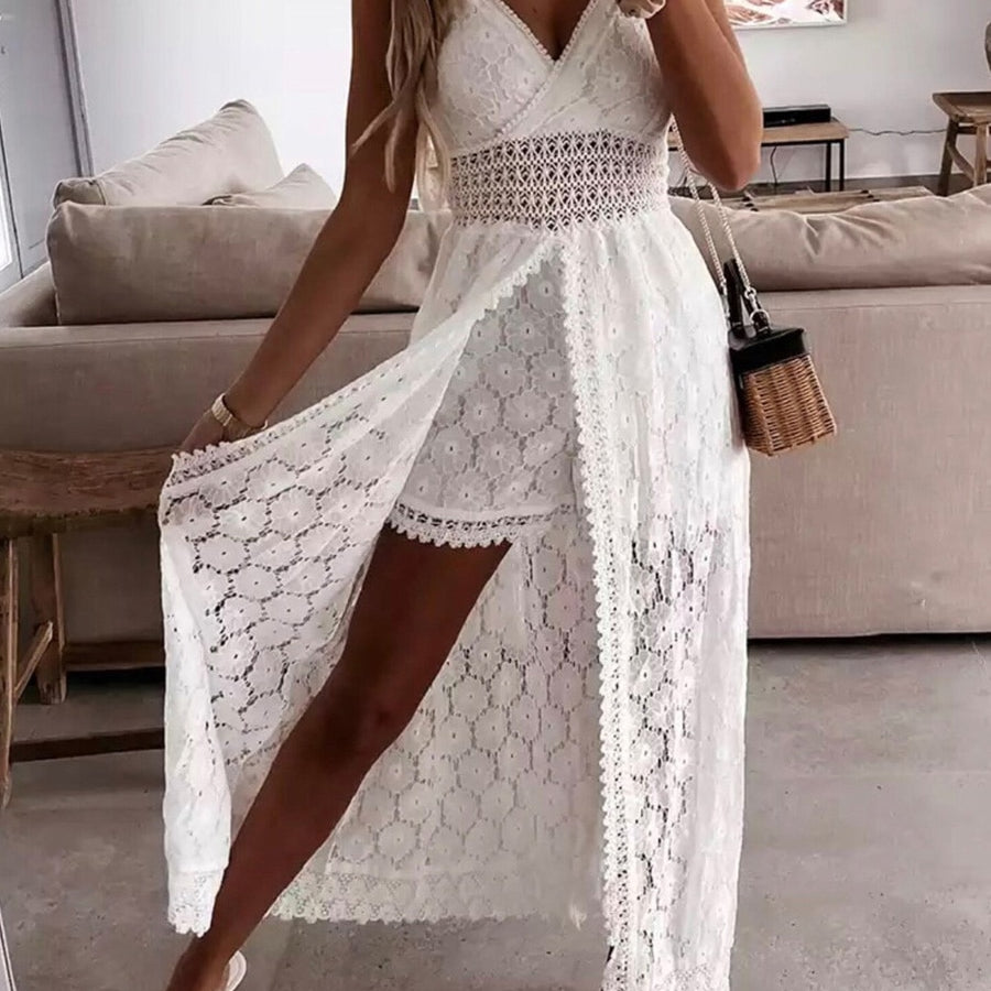 Women Spaghetti Straps Long Beach Dress Boho Summer Sleeveless Hollow Out Floral Lace Playsuit Sundress Lady Outfit