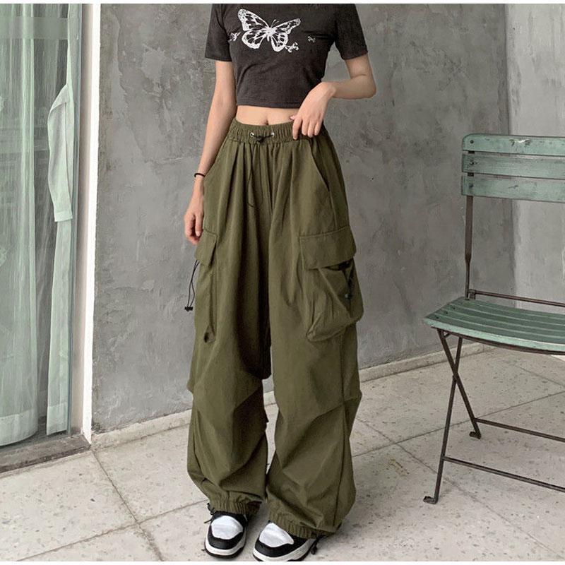 Sommer Vintage Casual Cargo Hosen Frauen Streetwear Plissee Kordelzug Lose Breite Bein Gerade Hosen Mode Damen Jogginghose 