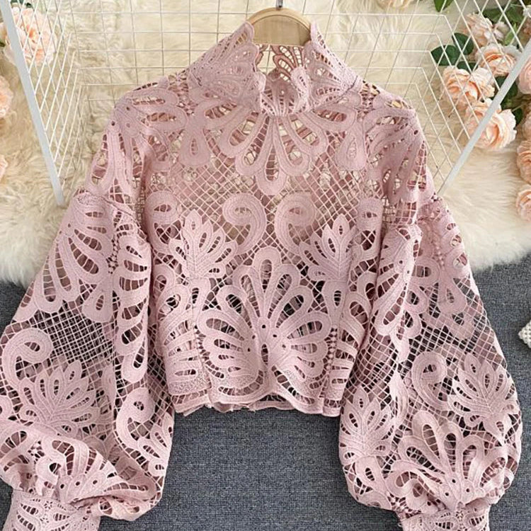 Sexy Lace Hollow Out Short Blouse Casual Lantern Long Sleeve Stand Collar Shirts Female Elegant Red/Pink/White Loose Tops