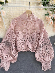 Sexy Solid Color Lace Hollow Out Turndown Collar Blouses