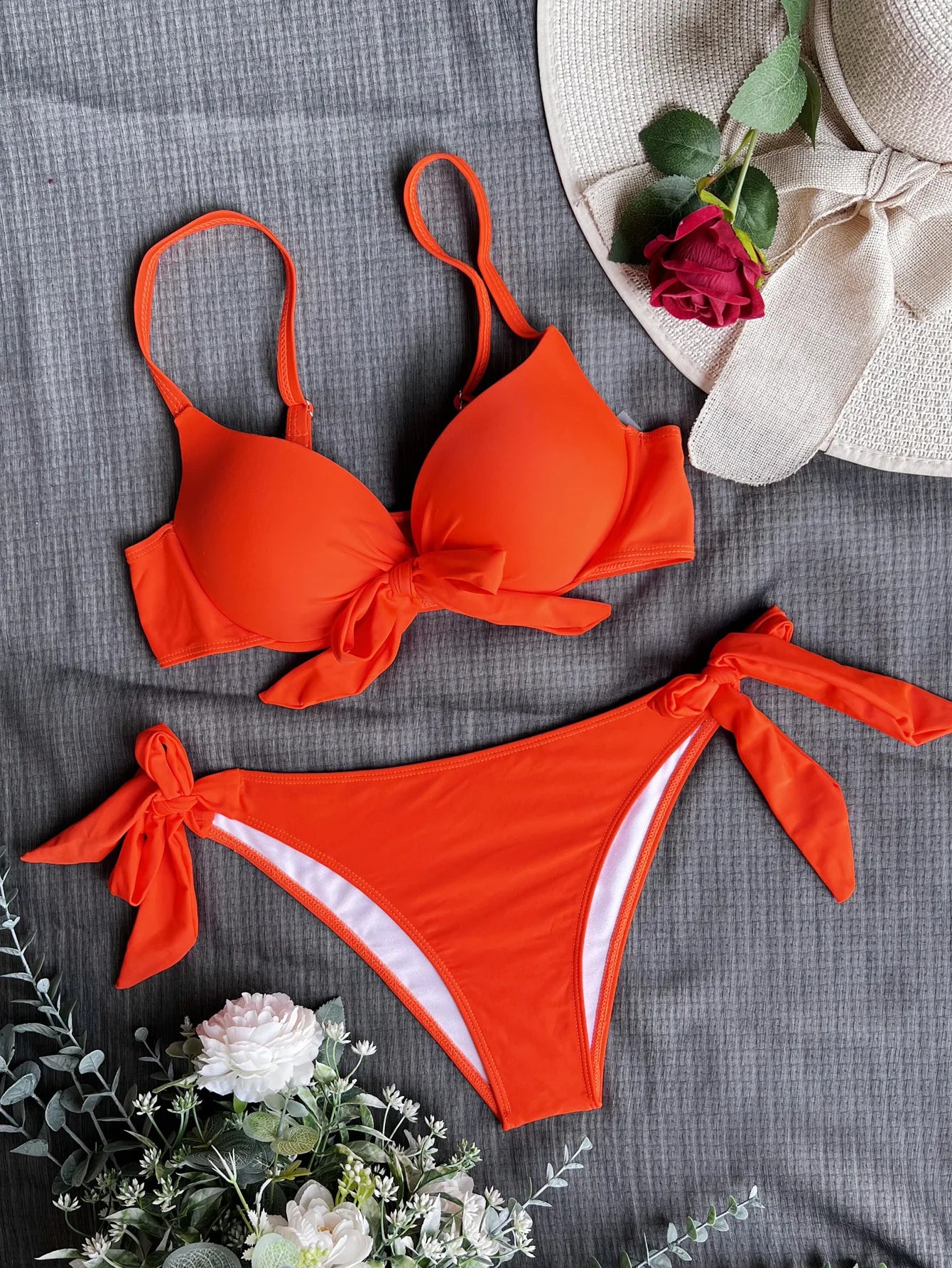 sexy front bow knot push up bikinis two pieces solid swimsuit tie bikini swimsuit Swimwear Biquini conjunto de bikini tankini Orange