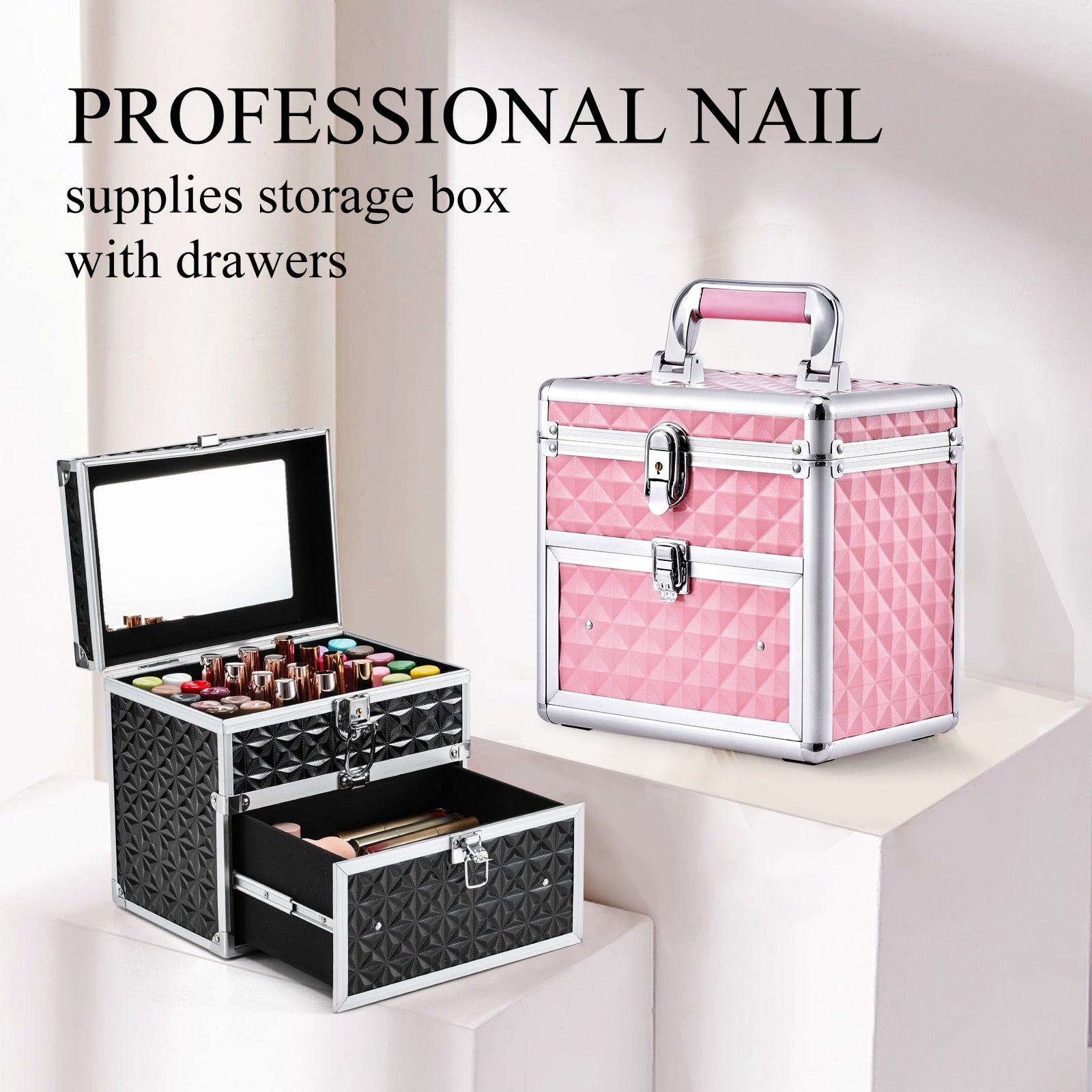 Portable Makeup Box Alloy Make up Train Case Manicure Polish Storage Organzier Beauty Suitcase with Mirror Drawer for Nail Tech