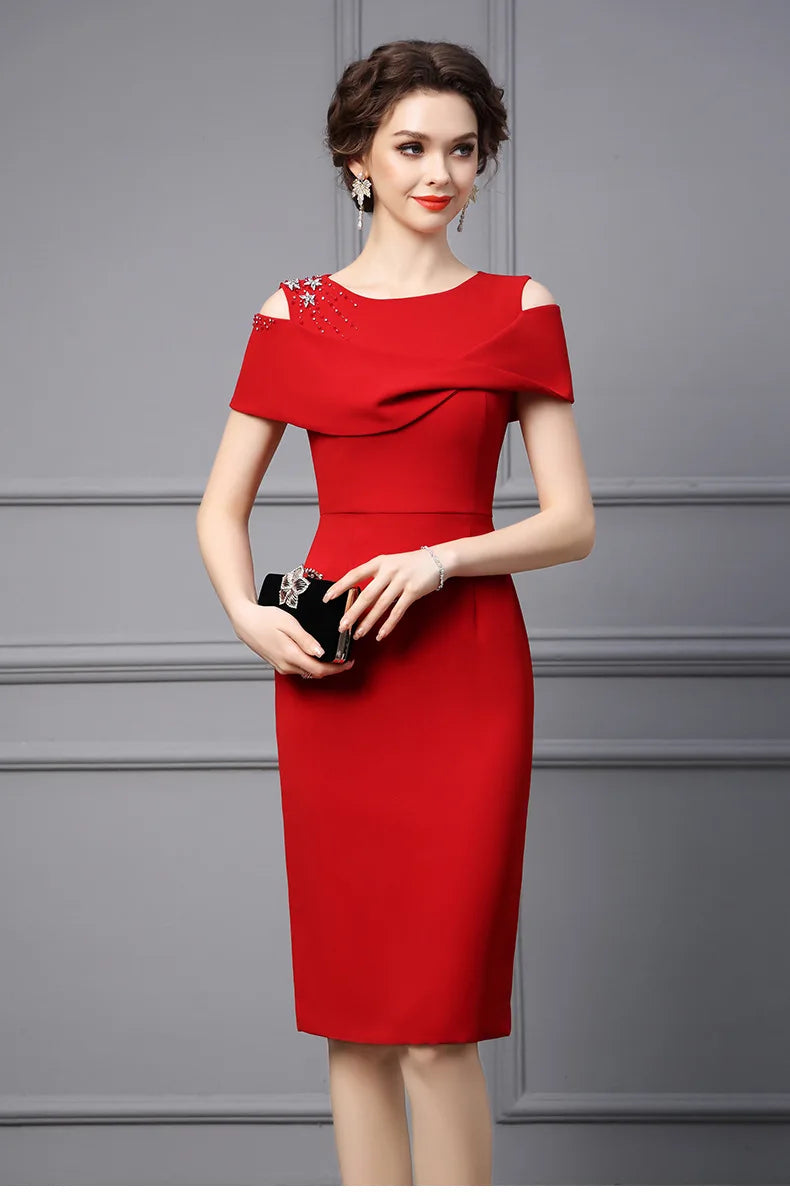 Beading Diamond Red Party Dresses for Women Elegant Luxury Evening Prom Vestidos Robe Summer Cocktail Off The Shoulder