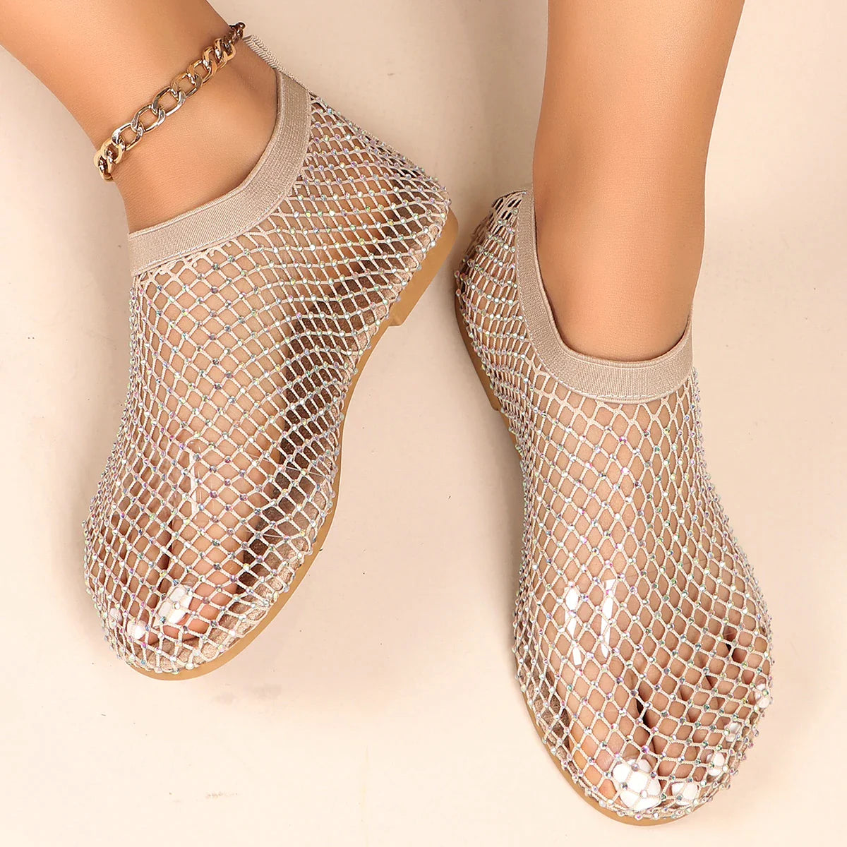 Women's Luxury Brand Round Toe Flat Bottom Sandals Summer Hollow Short Boots Water Diamond Sexy Flat Bottom Shoes for Women