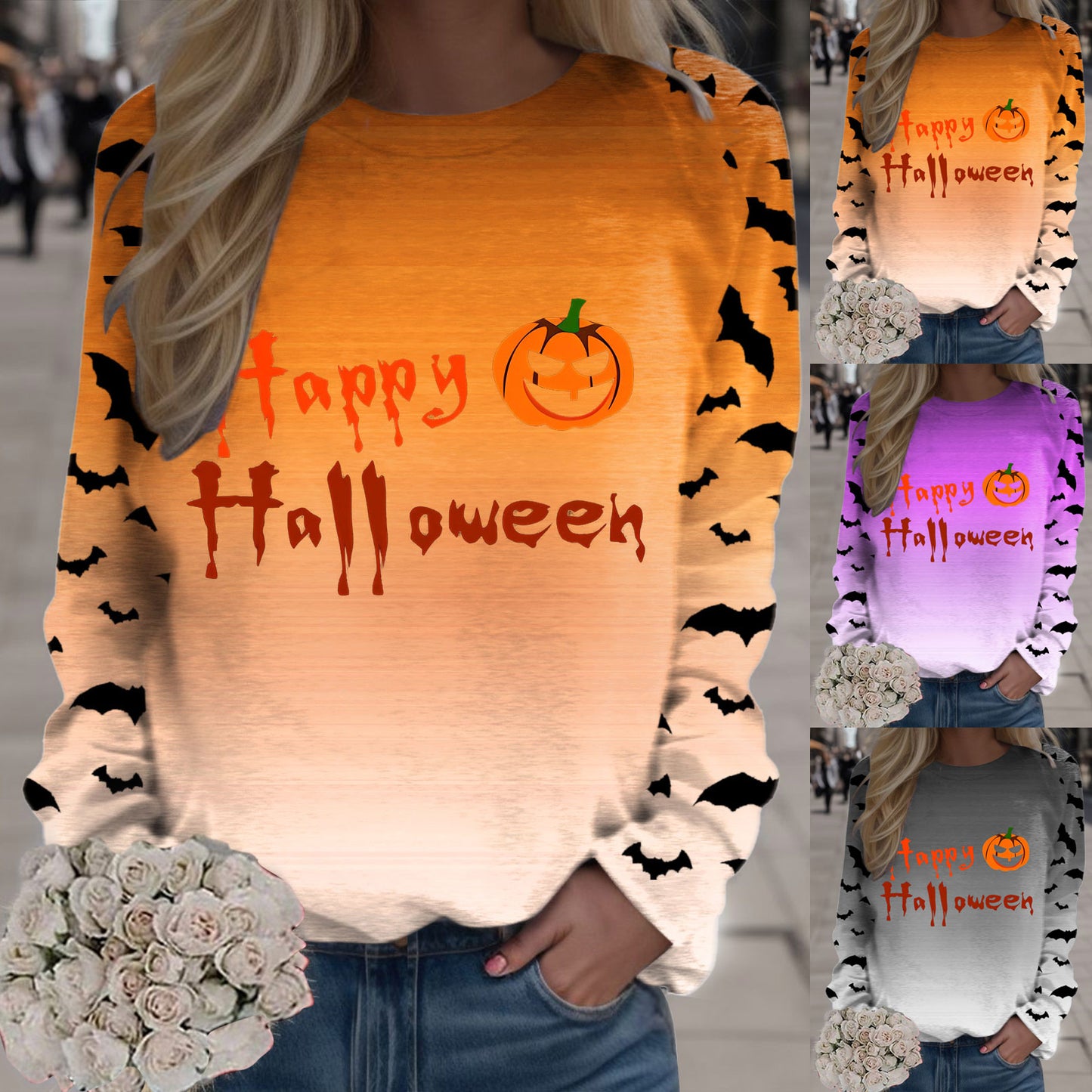 Women Autumn Sweatshirt Halloween Print Pullover Crew Neck Long Sleeve Top Ladies Fashion Sweaters