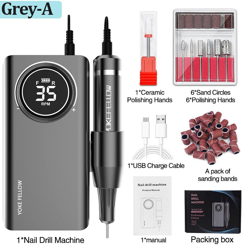 YOKEFELLOW Professional Nail Drill Machine Kit 35000RPM Rechargeable Portable Electric Nail File for Manicure Acrylic Gel Nails Grey