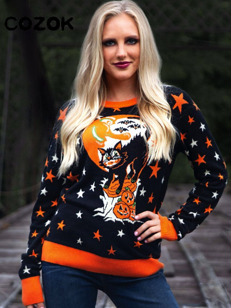 Sweater Women Halloween Pumpkin Knitted Jacquard Autumn Winter Warm Long Sleeve Sweaters 2022 New Fashion Loose Pullover Vintage