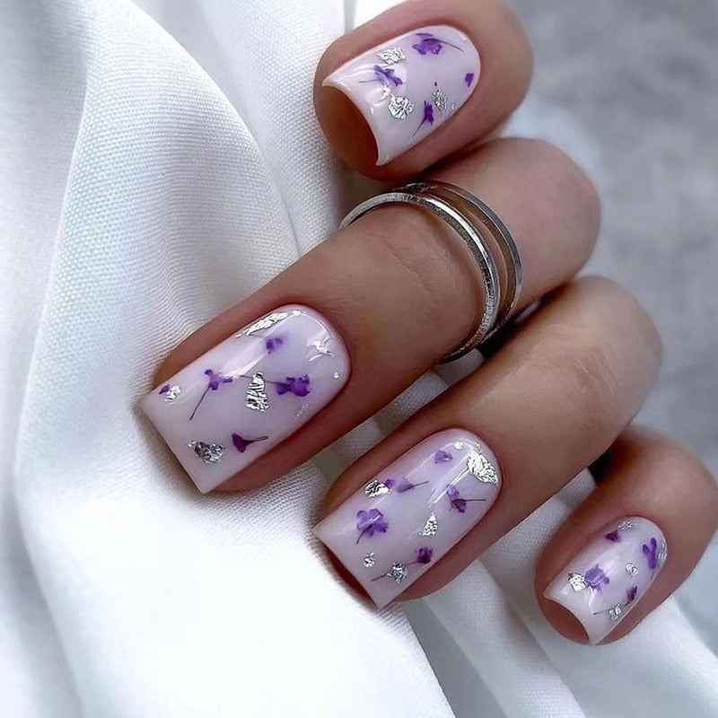 Summer New Square False Nails French Fake Nails With Flower Pattern Designs False Nails Full Cover Detachable Press on Nail Tips 10