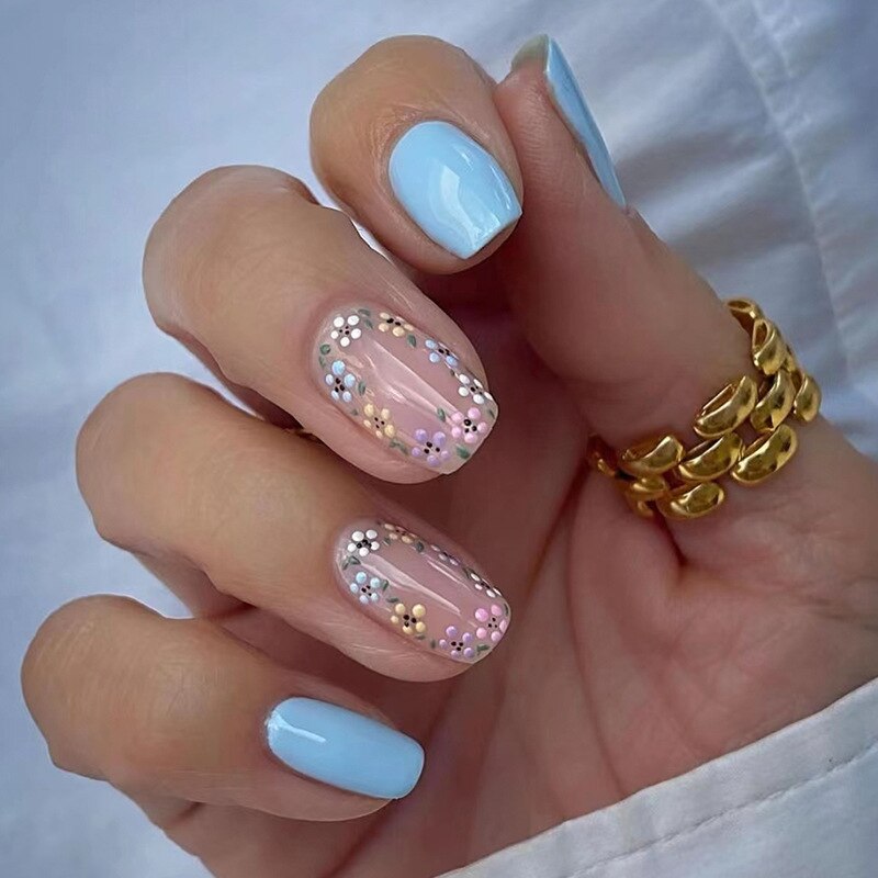 Summer New Square False Nails French Fake Nails With Flower Pattern Designs False Nails Full Cover Detachable Press on Nail Tips 3