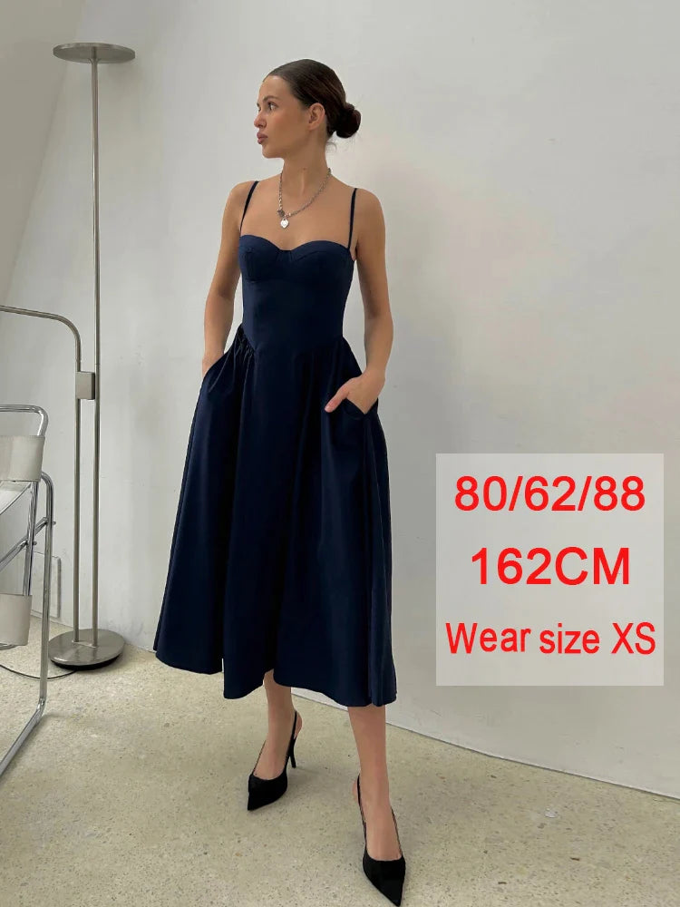 Mingmingxi Summer Elegant Midi A Line Dress Khaki Casual V Neck Spagehetti Strap Holiday Party Dress Women's clothing no corset blue