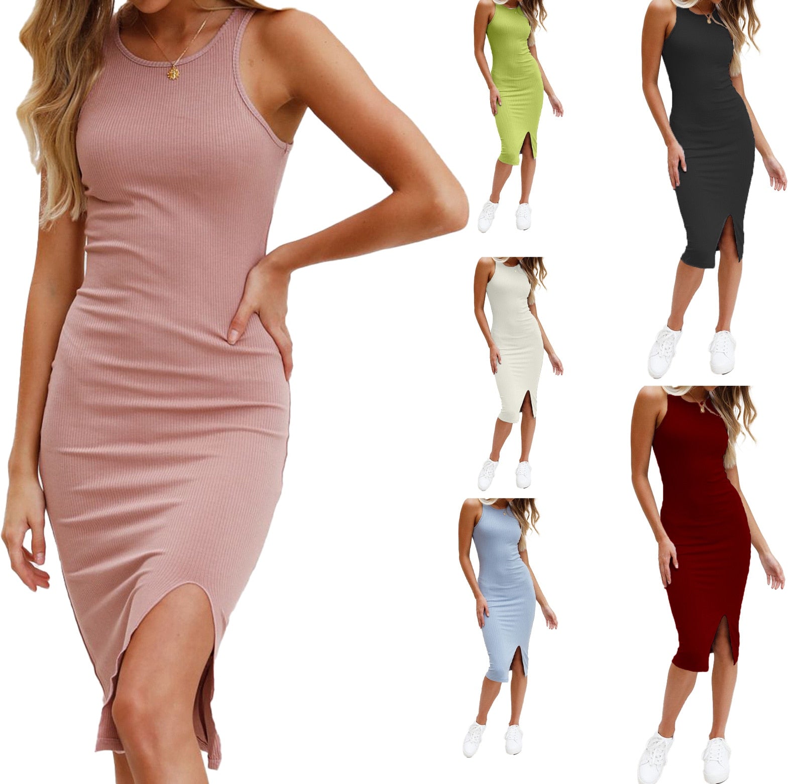 Solid Knit Dress Women Summer Sexy Bodycon Sleeveless Spaghetti Strap Beach Party Midi Dresses Pencil Dress Elegant 2024