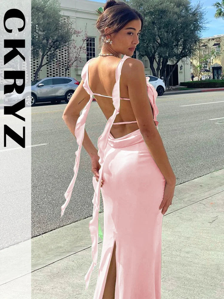 Ladies Summer Ruffle Y2K Clothes Sleeveless Backless Bandage Bodycon Maxi Dresses For Women Fashion Birthday Party Club Wear