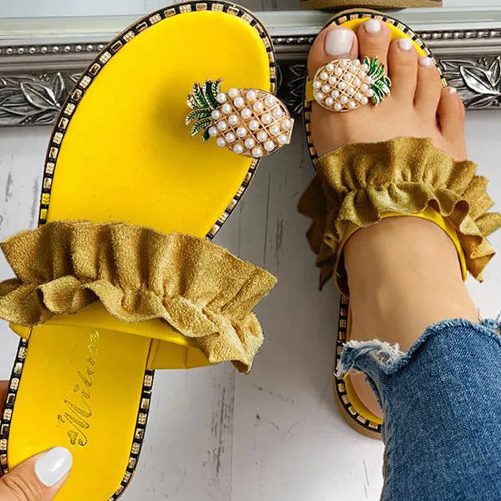 Women Slipper Pineapple Pearl Flat Toe Bohemian Summer Beach Sandals Ladies Shoes plus size Mujer Verano Yellow