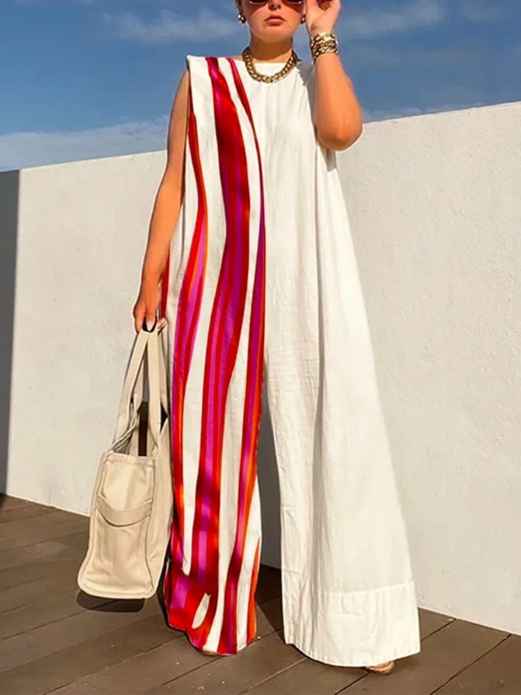 Yeezzi 2024 New Fashion Striped Contrast Color Wide Leg Jumpsuits Summer Sleeveless Going Out One Piece Outfit For Women White