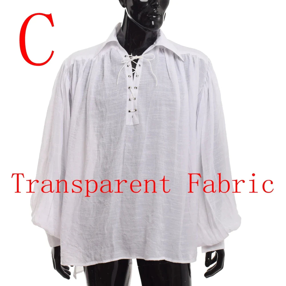 Men Pirate Shirt Vampire Prince Poet Shirts Medieval Buccaneer Frills Lace Up Renaissance Vintage Gothic Viking Blouse Tops White C
