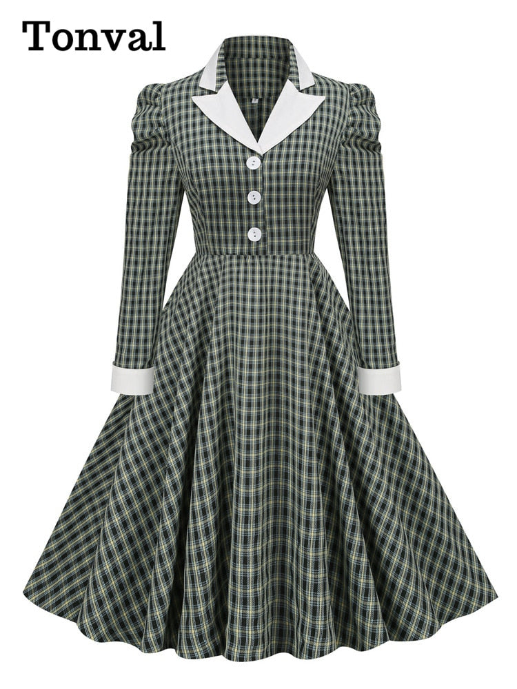 Tonval Gigot Sleeve Button Up Vintage Rockabilly Swing Dress Elegant Party Wear 2022 Women Fall Outfits Green Plaid Dresses