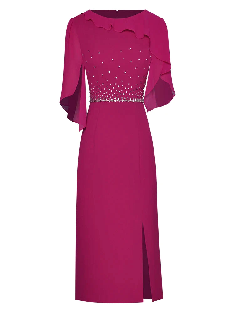 Summer Luxury Beading Cocktail Party Dresses for Women Elegant Fashion Ruffle Rose Red Dress Straight Knee Length Robe rose red XXL