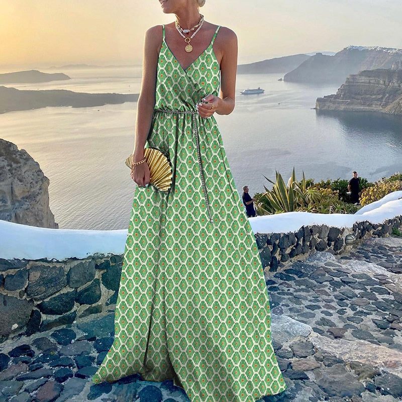 V Neck Maxi Dresses Printed Sleeveless Sling Holiday Dress