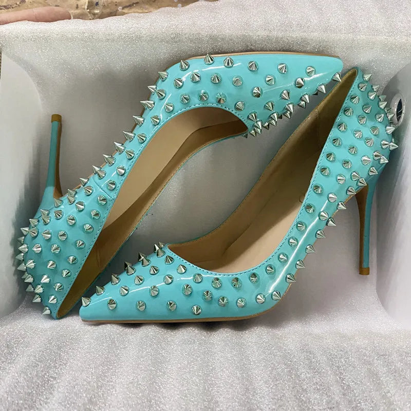 Shiny Spikes Women Patent Pink Pointy Toe Sexy High Heel Party Shoes Rivets Studs Ladies Slip On Stiletto Pumps 8-12cm Green 10cm Heel