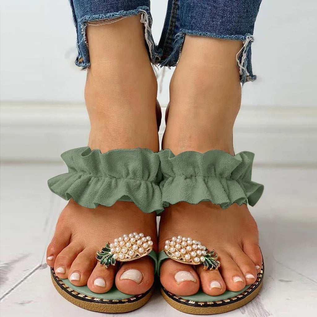Women Slipper Pineapple Pearl Flat Toe Bohemian Summer Beach Sandals Ladies Shoes plus size Mujer Verano