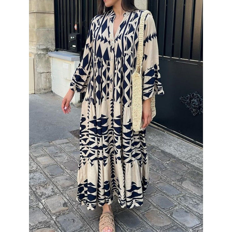 Women Print Shirt Maxi Dress Summer Vintage Boho Long Sleeve Pleated Dress Ladies Oversize Loose Buttons V Neck Dress Vestido