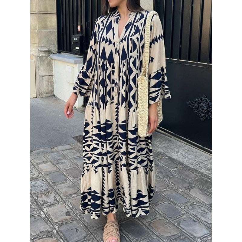 Mujeres Imprimir Camisa Maxi Vestido Verano Vintage Boho Manga Larga Manga Plisado Damas Oversize Botones Sueltos V Cuello Vestido Vestido