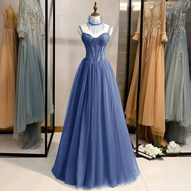 Prom Party Dresses Sexy See-Through Bodice Floor Length Evening Dress Formal Occasion Gown haze blue