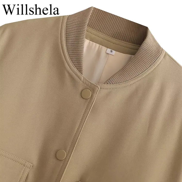 Willshela Women Fashion Solid Bomber Jackets Coat With Pockets V-Neck Single Breasted Long Sleeves Female Chic Lady Outfits