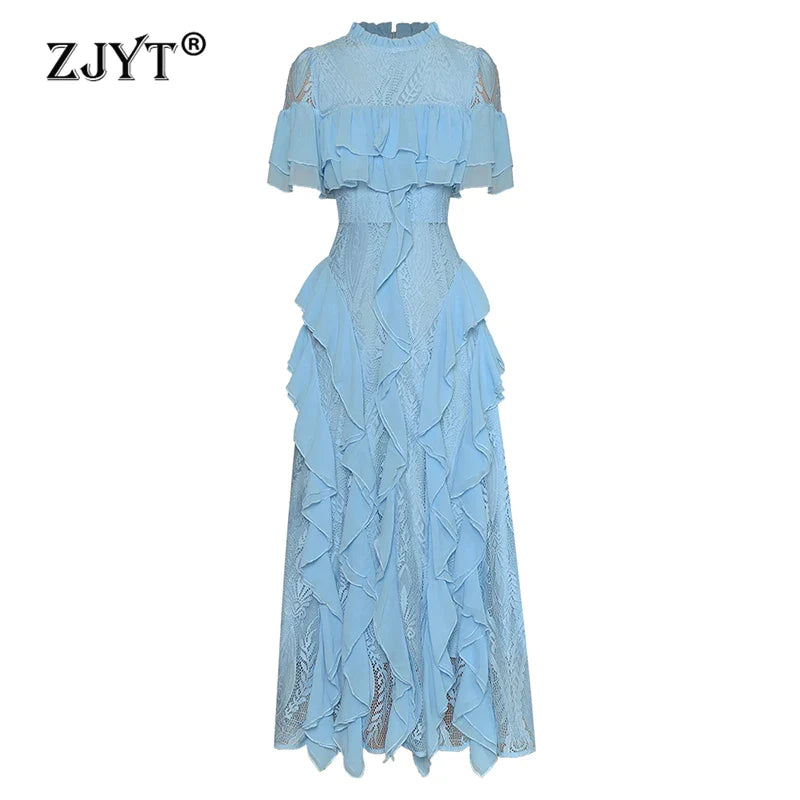 Summer Runway Ruffles Patchwork Lace Dresses for Women Blue Elegant Short Sleeve Party Dress Fashion Holiday Vestidos blue L