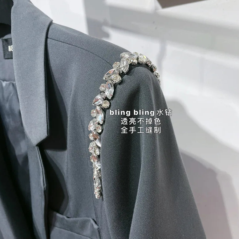 Spring Luxury diamond Suit Blazers Women medium long fashion suit skirt bow long sleeve suit Blazers Cool silver suit 20 colors 9667 khaki