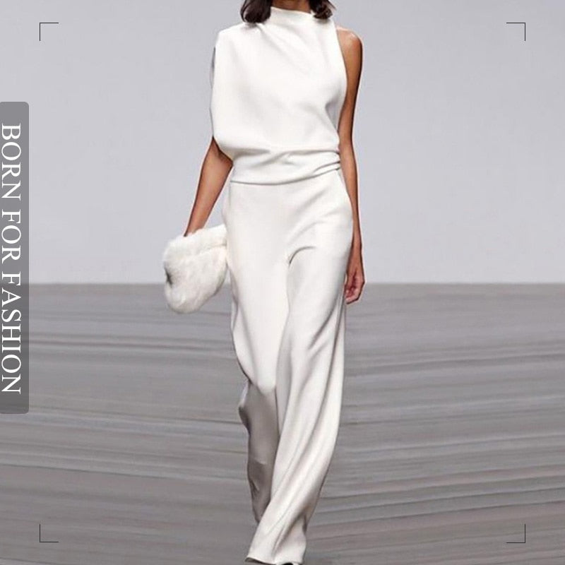 Solid Color One Shoulder Women&#39;s Pants 2024 Summer New Sleeveless Stacked Neck Jumpsuits Women Bodysuit Clothes Streetwear