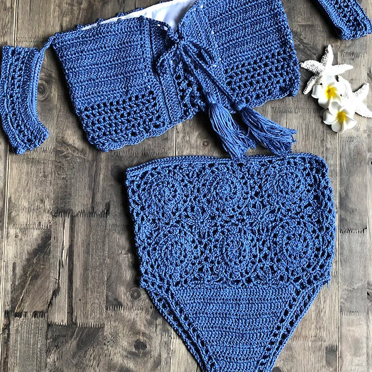 Crochet High Leg Bandeau Bikini Set Swimwear Female Two Pieces Swimsuit High Waist Bikini Women Bathing Suit Biquini 2019 New Blue