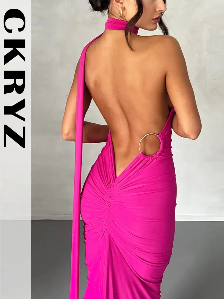 Ladies Night Club Wear Neon Y2K Summer Outfits Women Sleeveless Backless Halter Ruched Bodycon Evening Maxi Dress Birthday Party