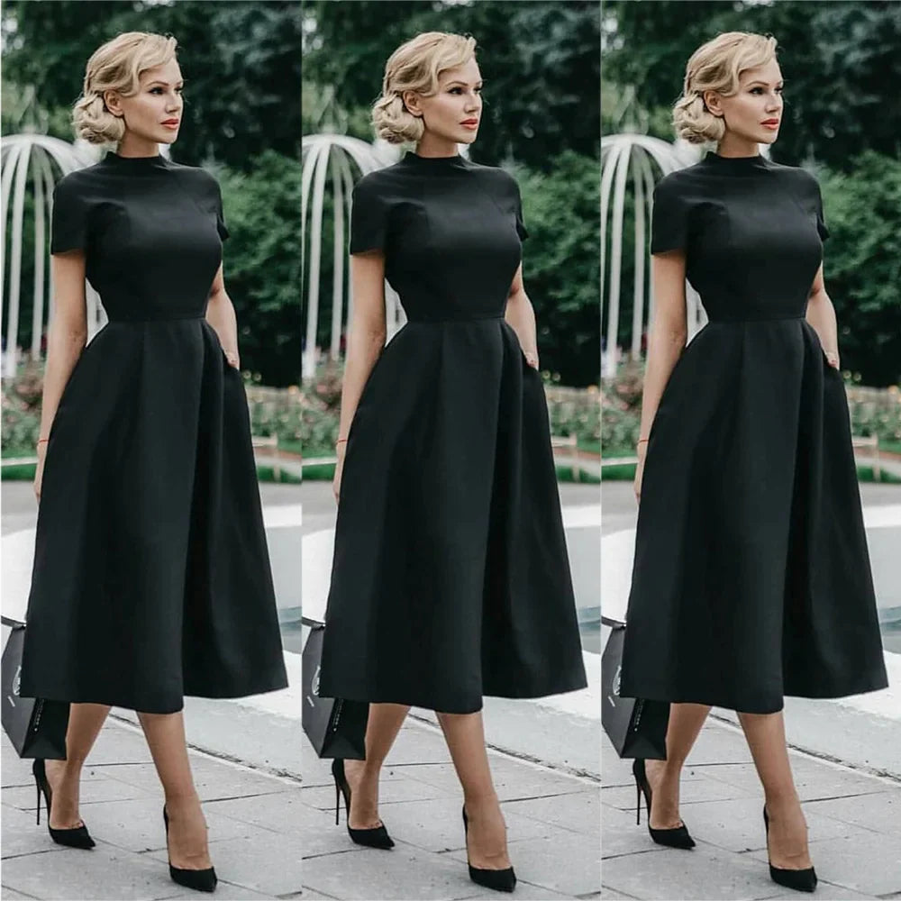 Women Elegant Black Dress Half High Collar High Waist A-Line Dresses Slim Fit Dress Office Lady Female Solid Vestidos