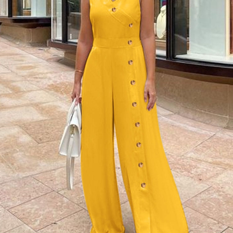 ZANZEA Wide Leg Pant Buttons Split Jumpsuits 2024 Summer Casual Fashion Sleeveless Long Rompers Women V Neck Wasited Playsuits