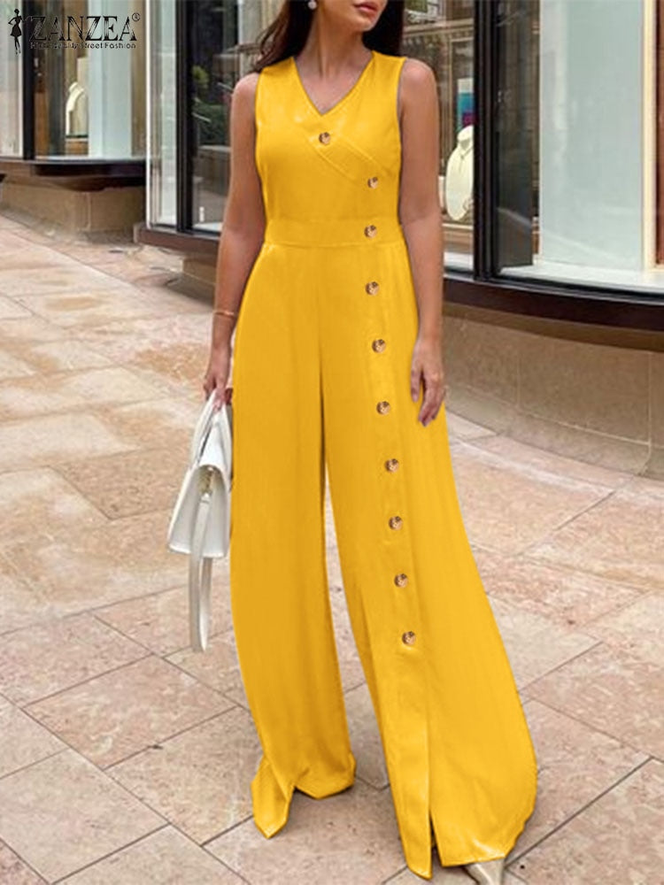 ZANZEA Wide Leg Pant Buttons Split Jumpsuits 2024 Summer Casual Fashion Sleeveless Long Rompers Women V Neck Wasited Playsuits