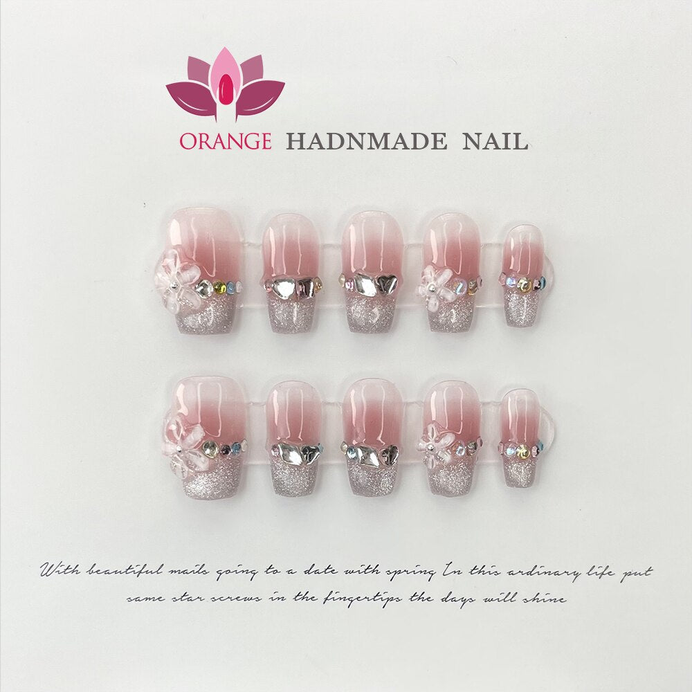 Presse on Nail Tips Full Cover With Designed Flower Deco Handwork Wearable Ballerina Artificial Korean Nail Art