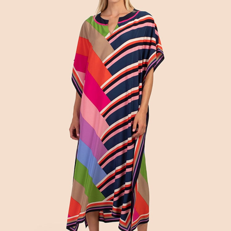 Printed Kaftans for Women Beach Cover Up Seaside Maxi Bohemian Dresses Beachwear Pareo Bathing Suits rainbow stripe
