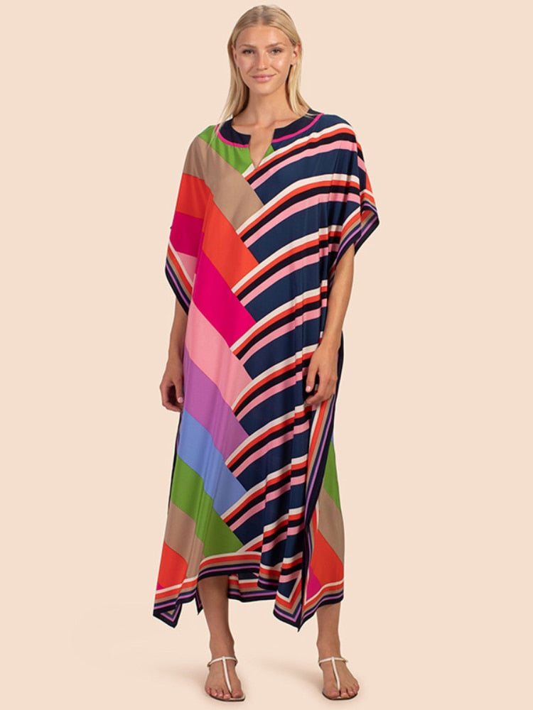 Printed Kaftans for Women Beach Cover Up Seaside Maxi Bohemian Dresses Beachwear Pareo Bathing Suits rainbow stripe