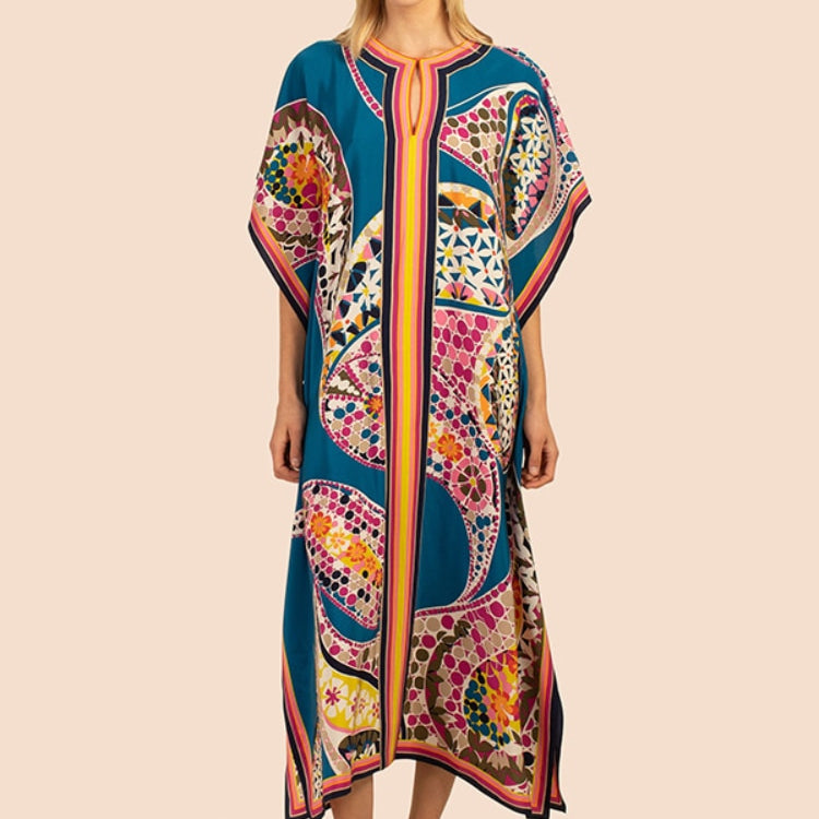 Printed Kaftans for Women Beach Cover Up Seaside Maxi Bohemian Dresses Beachwear Pareo Bathing Suits blue beach cover up