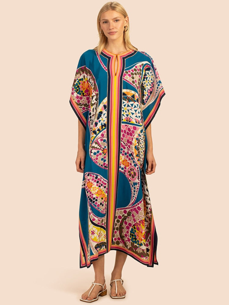 Printed Kaftans for Women Beach Cover Up Seaside Maxi Bohemian Dresses Beachwear Pareo Bathing Suits blue beach cover up