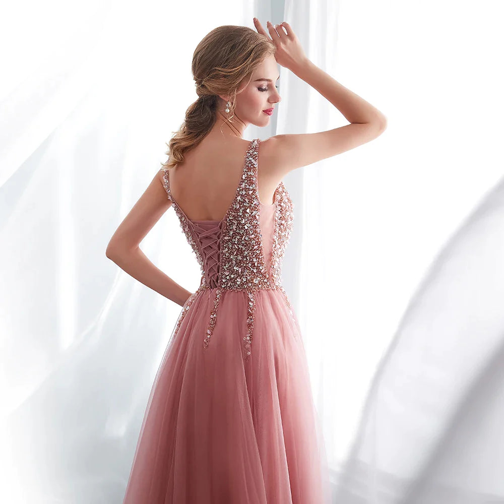 Beading Prom Dresses Sexy Pink High Split Tulle Sweep Train Sleeveless Evening Gown A-line Lace Up Backless Vestido De