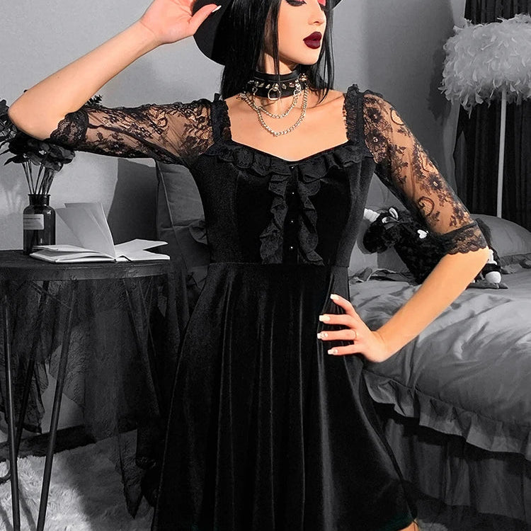 Gothic Velvet Black Summer Mini Dress Women Short Sleeve See Through A-LINE Dress Aesthetic Backless Club Sexy Partywear