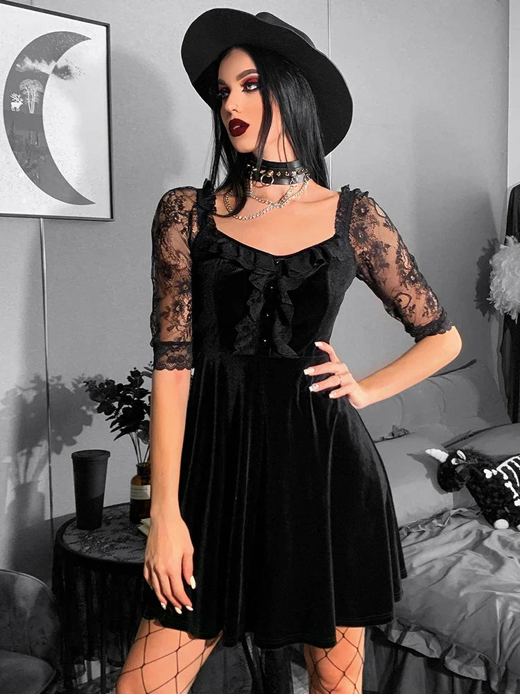 Gothic Velvet Black Summer Mini Dress Women Short Sleeve See Through A-LINE Dress Aesthetic Backless Club Sexy Partywear