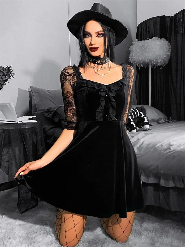 Gothic Velvet Black Summer Mini Dress Women Short Sleeve See Through A-LINE Dress Aesthetic Backless Club Sexy Partywear