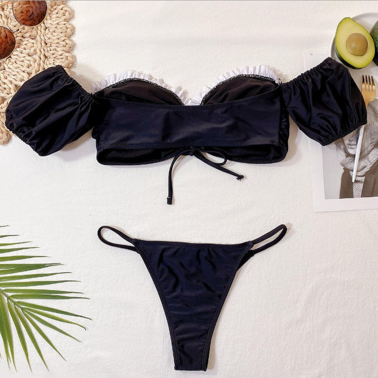 Solid Flash Short-sleeved Split Cut-out Bikini Black