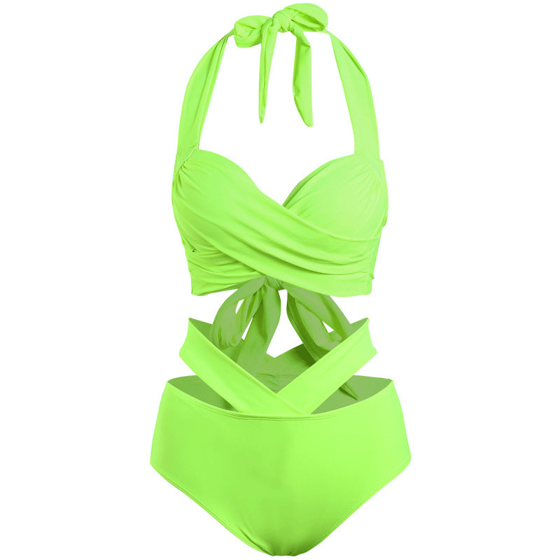 Women's Fashion Gathering Straps High Waist Bikini Swimsuit Fluorescent Green