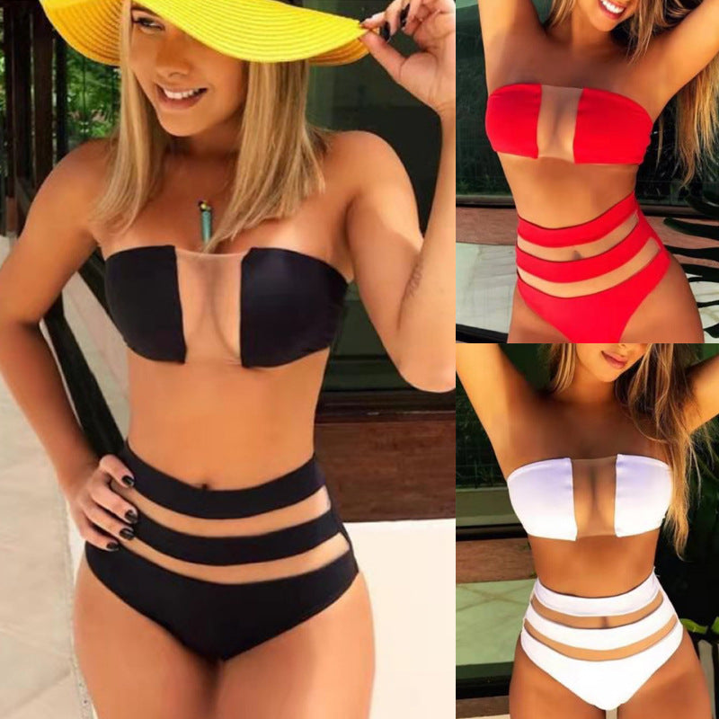 Pure Color Mesh Bikini Flat Chest High Waist Swimsuit