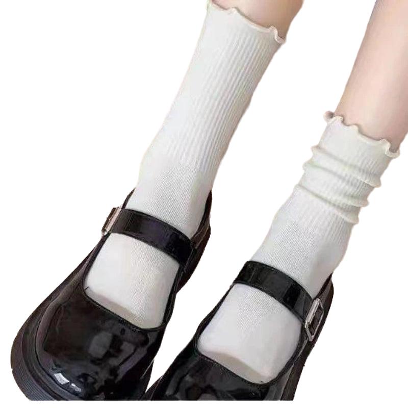 2 Pairs Fashion Four Seasons Black White Solid Color Stacked Women's Socks Pearl Women's Socks Ins Cute Sweet Middle Tube Socks
